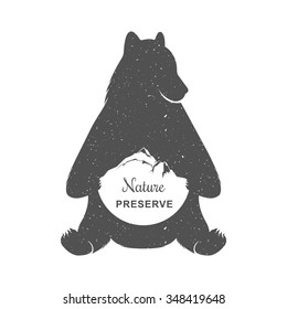 Vintage Illustration fun bear with grunge effect for posters and t-shirts. Funny bear with sign nature preserve on a white background