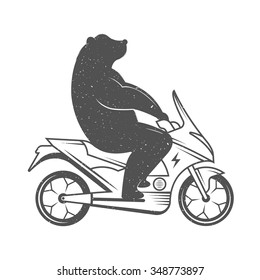 Vintage Illustration fun bear with grunge effect for posters and t-shirts. Funny bear on scooter on a white background