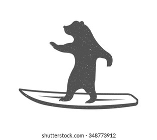 Vintage Illustration fun bear with grunge effect for posters and t-shirts. Funny on surf on a white background