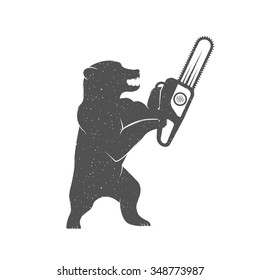 Vintage Illustration fun bear with grunge effect for posters and t-shirts. Funny bear with chainsaw on a white background