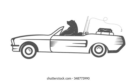 Vintage Illustration fun bear with grunge effect for posters and t-shirts. Funny bear on car on a white background