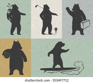 Vintage Illustration fun bear with grunge effect for posters and t-shirts. Funny with surf, football ball and suitcase
