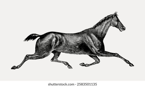 Vintage illustration of a galloping horse. Detailed horse drawing shows movement. Horse art in black and white. Classic horse sketch, elegant and dynamic. Vintage Japanese illustration vector.