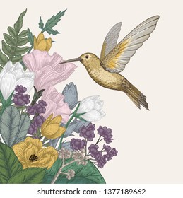 Vintage illustration with garden flowers, hummingbirds. Greeting card template. Vector botanical illustration.