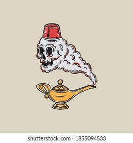 Vintage Illustration Of A Genie Lamp With A Smoke Skull Wearing A Hat