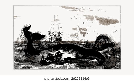 Vintage illustration of a giant whale in the ocean, with a ship and boats nearby. Dramatic sea scene with a whale, ship, and boats. Classic maritime adventure. Vintage art illustration vector.