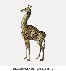 Vintage illustration of a giraffe. The giraffe stands tall with a long neck and spotted pattern. This giraffe art captures the unique elegance of giraffes. Vintage animal illustration isolated, vector