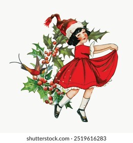 Vintage illustration of girl in a festive Christmas red dress, with Santa hat. Illustration of girl dances joyfully with holly and berries, Christmas holiday cheer. Vintage Christmas illustration