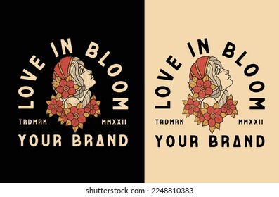 Vintage illustration of a girl with flower. Vintage and retro design concept vector graphic. Brand name can be chaged	