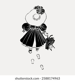 Vintage illustration of a girl in a large hat and dress, walking away, leaving footprints. Black and white sketch of a girl, hat, dress, and footprints. Vintage art illustration, vector.