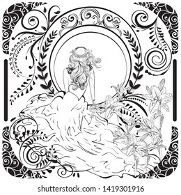 Vintage illustration with girl sits in fluffy bridal gown and floral ornaments, art nouveau inspired art.