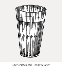 Vintage illustration of a glass of water. Detailed glass drawing with water. Retro style glass, water sketch. Classic glass with water illustration. Vintage home decor illustration isolated, vector.