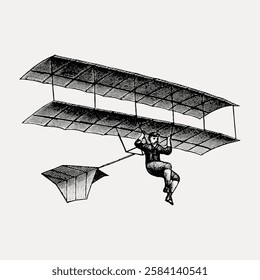 Vintage illustration of a glider with a person hanging. Early aviation design, featuring a classic glider. Historical glider concept with intricate details. Vintage art illustration, vector.