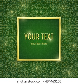 Vintage illustration with gold frame and ornament on green background