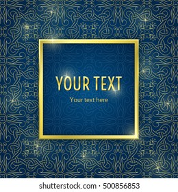 Vintage illustration with gold frame and ornament on blue background