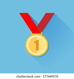 vintage illustration of a golden medal in flat style with long shadow