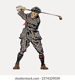 Vintage illustration of a golfer in plaid attire, swinging a club. The golfer wears a cap and knickers, capturing a classic golfing style. Vintage art drawing illustration, old painting vector.