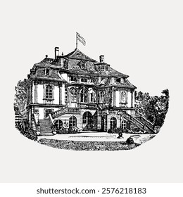 Vintage illustration of a grand mansion with intricate architectural details. The mansion features a flag, elegant stairs, and lush surroundings.