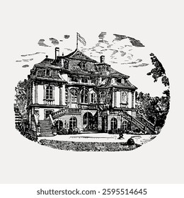 Vintage illustration of a grand mansion with intricate architectural details. The mansion features large windows, a flag, and lush surroundings. Elegant mansion art. Vintage illustration, vector.