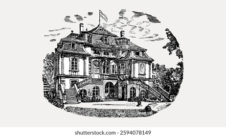 Vintage illustration of a grand mansion with ornate architecture. The mansion features a flag, intricate details, and a lush garden. Elegant mansion design. Vintage art illustration, vector.