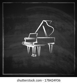 vintage illustration with the grand piano on blackboard background. 