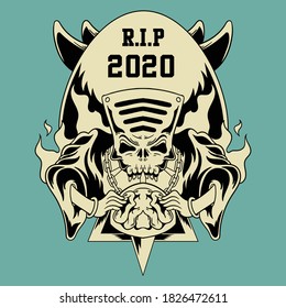 Vintage Illustration Gream Reaper Grabbing Brain with Fire and Rip Stone Isolated Design Vector