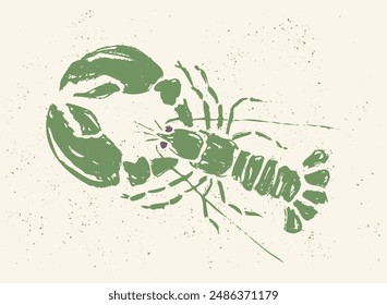 Vintage illustration of green lobster in block print style. Retro illustration of lobster for seafood shop.