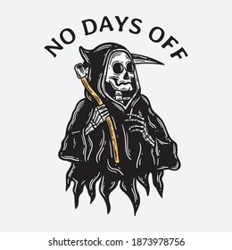 vintage illustration of grim reaper holding a sickle casually smoking