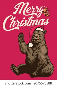 Vintage illustration of Grizzly bear wearing christmas santa hat