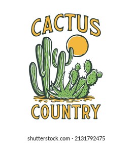 A vintage illustration of a group of cactus in a desert