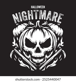 Vintage illustration of halloween pumpkin head with scary face for logo and clothing design needs
