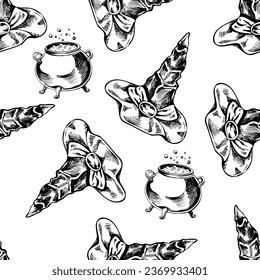 Vintage illustration for Halloween. Seamless pattern of hand-drawn witch's pointed hat and cauldron. Black-and-white illustration in sketch style. Doodle.