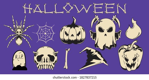 Vintage Illustration Halloween Sticker Spooky Object Collection Isolated Design Vector