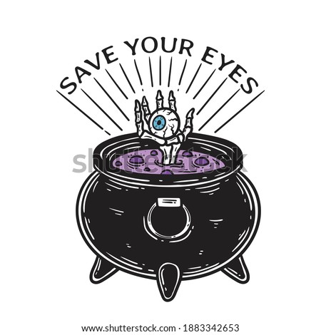 Vintage illustration hand bones save the eye from the witch's cauldron