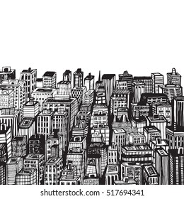 Vintage illustration with Hand drawn big city New York NYC architecture, skyscrapers, megapolis, buildings, downtown.