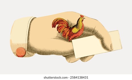 Vintage illustration of a hand holding a blank card with a small rooster perched on it. The hand and rooster create a whimsical, artistic scene. Vintage art illustration, vector.