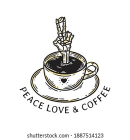 
vintage illustration hand skeleton appearing on cup of coffee making peace sign.white background