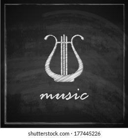 vintage illustration with the harp on blackboard background. music illustration