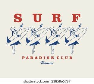 Vintage illustration of hawaii, surfing, girl hawaii vector t shirt design, vector graphic, typographic poster or tshirts street wear and Urban style