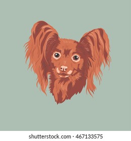 Vintage illustration head portrait of one beautiful small dog of russian toy terrier breed with long haired coat of red color on light blue background 