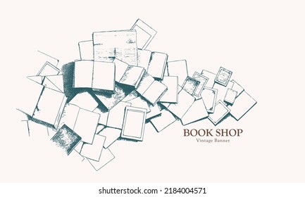 Vintage illustration of a heap of open books and other types of printed publications