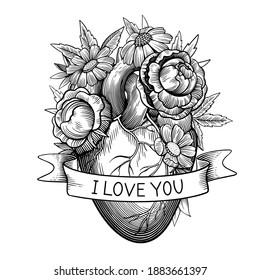 Vintage illustration of heart with flowers and ribbon in tattoo engraving style. Black and white vector drawing.
