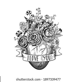 Vintage illustration of heart with flowers and ribbon in tattoo engraving style. Black and white vector drawing.