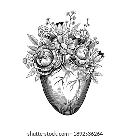 Vintage illustration of heart with flowers in tattoo engraving style. Black and white vector drawing.