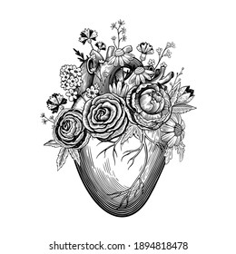 Vintage illustration of heart with flowers in tattoo engraving style. Black and white vector drawing.