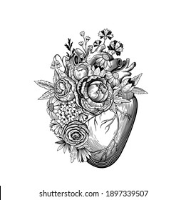 Vintage illustration of heart with flowers in tattoo engraving style. Black and white vector drawing.