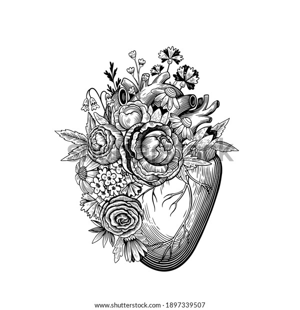 Vintage illustration of heart\
with flowers in tattoo engraving style. Black and white vector\
drawing.