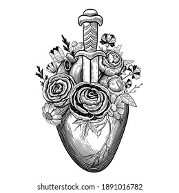 Vintage illustration of heart pierced by dagger with flowers in tattoo engraving style. Black and white vector drawing.