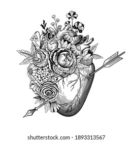 Vintage illustration of heart pierced by an arrow in engraving style with retro flowers. Black and white vector drawing.