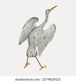 Vintage illustration of a heron with detailed feathers. Heron standing with wings slightly open. Heron depicted in a classic, artistic style. Vintage illustration isolated on white, vector.